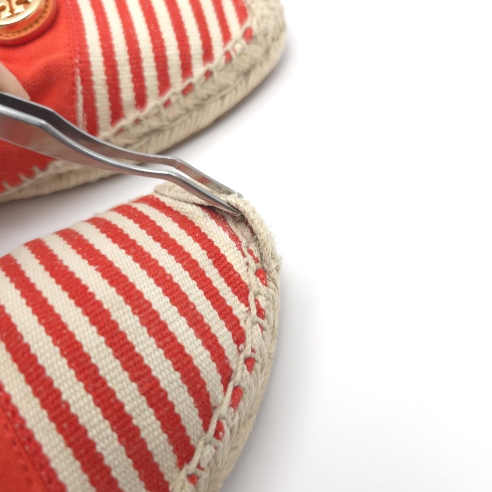Tory Burch Striped Canvas Espadrilles Red Cream Logo Round Toe Flat Shoes 8 - Picture 5 of 10